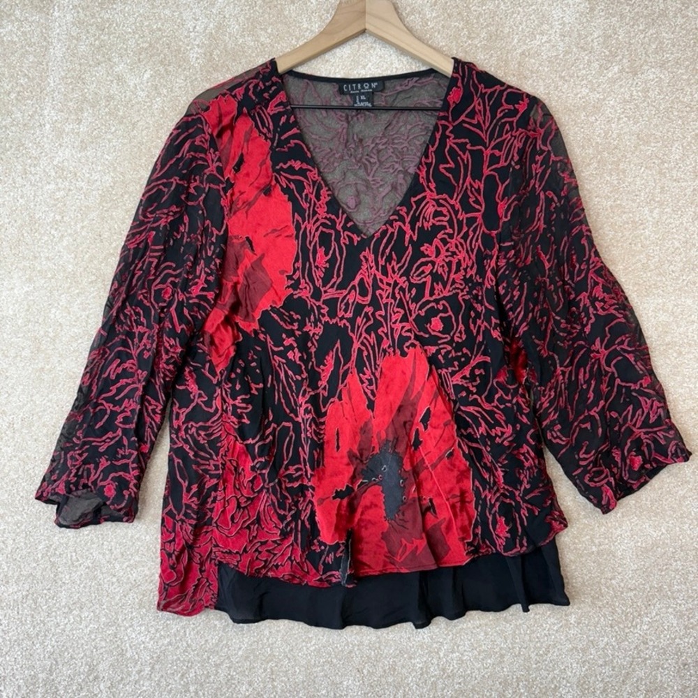 Citron Santa Monica Blouse Top Size XL Red Black Silk Rayon Velvet Floral